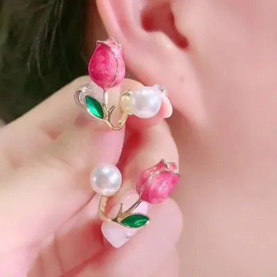 Trendy Tulip Lotus Rose Flower Pearl Earrings 